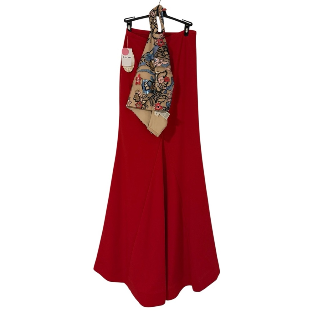 Macy's Elegant Red Skirt Set with Floral Top